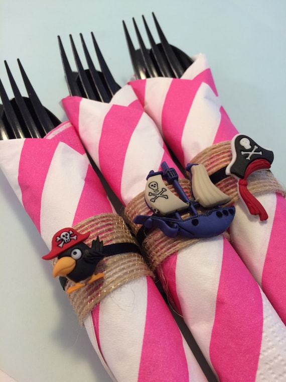 Pirate Party Flatware Set: Striped Napkin, Pirate Charm Ring
