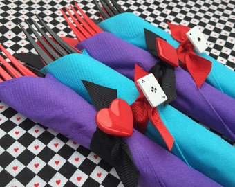 Mad Hatter Tea Party Flatware with Playing Card Theme Napkin Ring: Alice in Wonderland Party Flatware