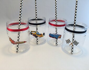 Race Car Party Drink Cup or Treat Jar: Racing Car Plastic Mason Jar Drink Cup, Racing Party Cup, Race Car Party Favor Jar