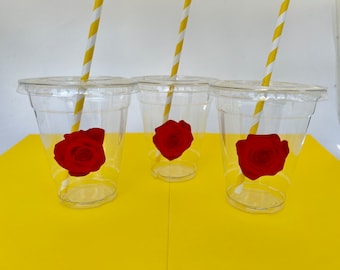 Beauty and the Beast Party Supplies: Beauty and the Beast Plastic Cups with Straws, Party Cups, Disposable Cups, Kids Cups