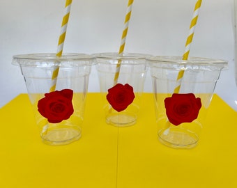 Beauty and the Beast Party Cups with Straws: Rose Theme