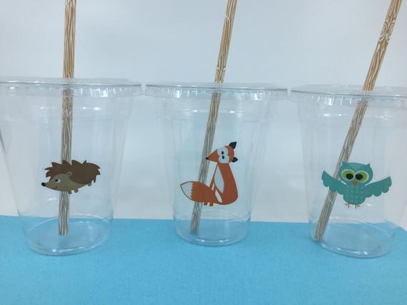 Woodland Party Cups with Lids & Straws