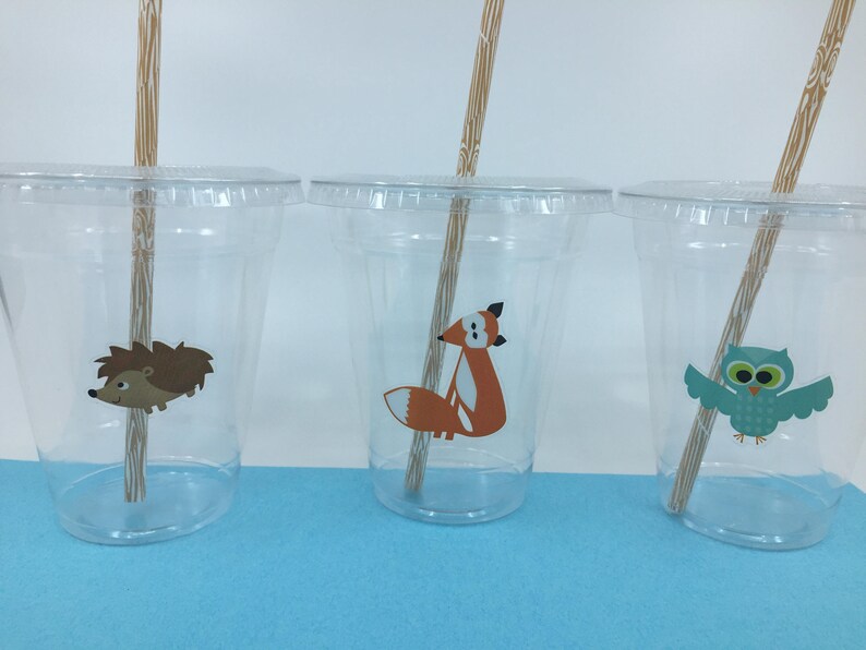 May include: Three clear plastic cups with brown paper straws. Each cup has a different woodland animal sticker: a hedgehog, a fox, and an owl.