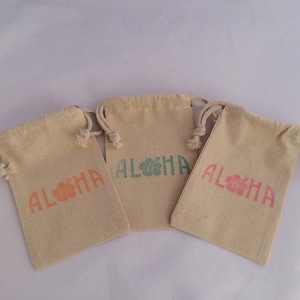 Aloha Party Favor Bag: Hand Stamped Muslin Luau Bag