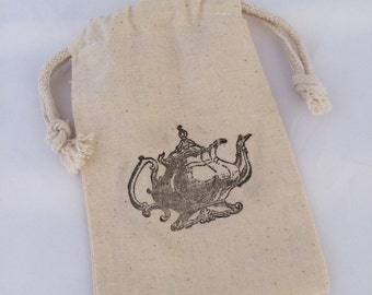 Vintage Tea Party Favor Bag: Reusable Tea Theme Drawstring Muslin Bags, Teapot Party Gift Bag, Tea Party Treat Bag