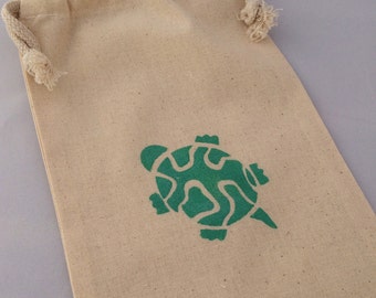 Turtle Favor Bags: Muslin Bags With Turtle Design; Turtle hand painted drawstring bag