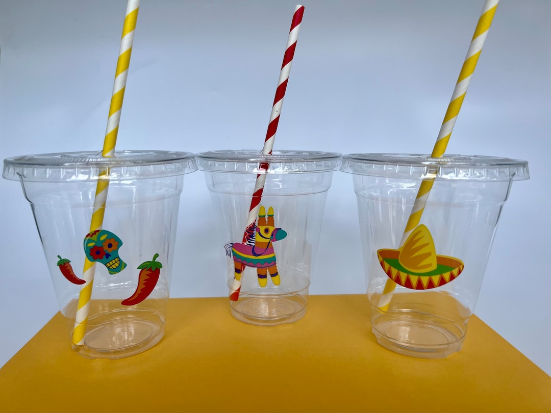 Fiesta Party Supplies Fiesta Plastic Cups With Straws, Mexican Fiesta