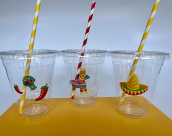Fiesta Party Cups with Straws: Mexican Theme (12oz)