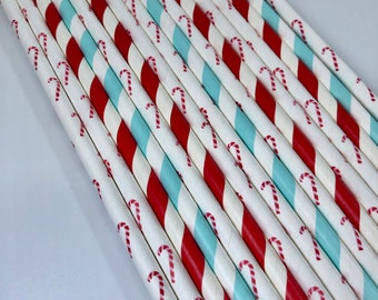 Christmas Paper Straws: Candy Cane & Striped, Holiday Party (25 Pack)