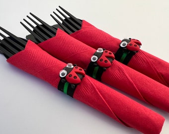 Ladybug Party Flatware Set: Black Utensils, Red Napkin, Ladybug Ring