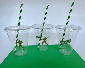 Football Party Cups with Lids & Straws: 12oz Plastic Cups