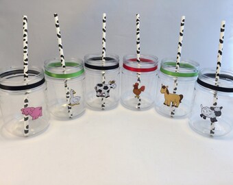 Barnyard Party Drink Cup or Treat Jar:  Farm Animals Plastic Mason Jar Drink Cup, Barnyard Animal Party Cup, Animal Party Favor Jar