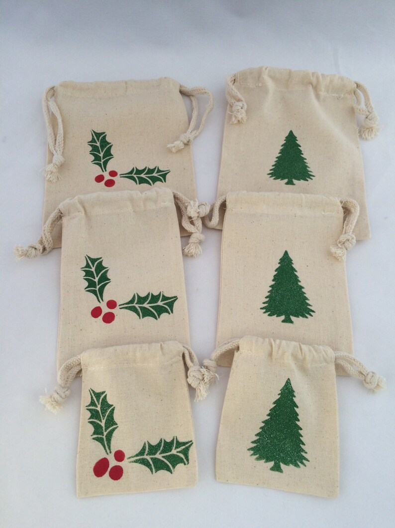 6 Reusable Holiday Gift Bags Various Sizes Drawstring Etsy
