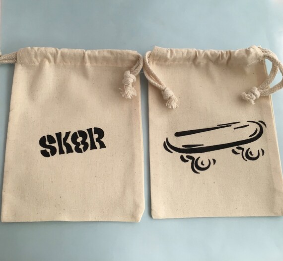 Skateboard Party Favor Bags: Hand-Painted Muslin Drawstring Design