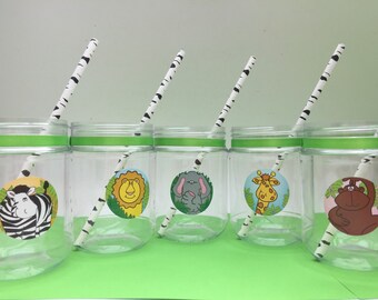 Safari Party Supplies: JungleTheme Plastic Mason Jar Drink Cup, Zoo Animal Party Cup, Jungle Party Cup