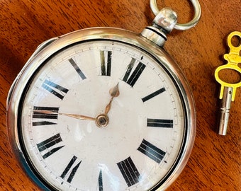 1847 Victorian Sterling Silver Verge Fusee Pocket Watch with Key. Pair Cased.
