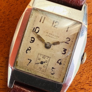 1938 ART DECO JW Benson London Sterling Silver, Flared Tank Watch.