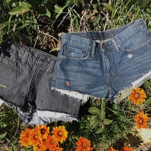 Könnte beinhalten: Zwei Jeansshorts, einer in Dunkelgrau und der andere in Blau, mit ausgefransten Kanten. Die Shorts sind mit kleinen floralen Stickereien verziert. Sie liegen auf einem Bett aus grünem Gras und orangefarbenen Blumen.