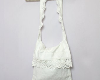 Boho Chic Upcycled Vintage Linen Messenger/Shoulder Bag