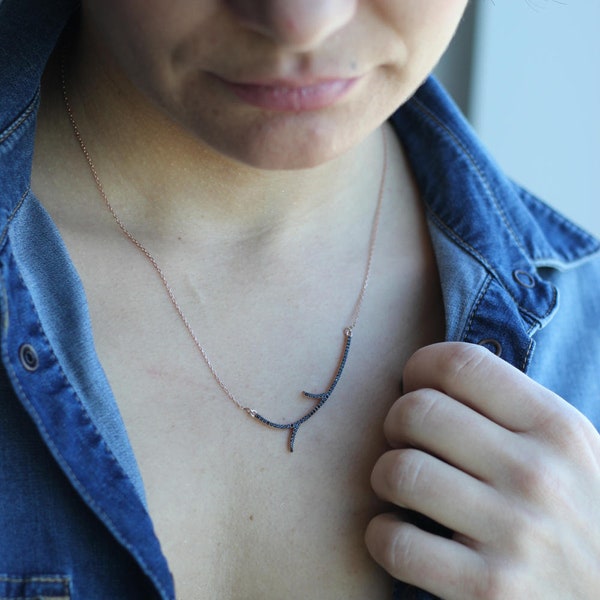 Spring Twig Necklace / Black Zirconia Necklace / Sterling Silver Necklace / Statement Necklace