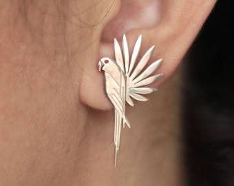 Tropical Earrings / Parrot Earrings / Parrot and Leaf Earrings / Big Studs/Birds Earrings / Pair / Handmade Jewelry