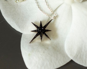 Black Star / Silver Star Necklace with Black Gems