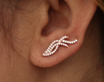 Brincos Flying Wing Ear Climbers, Ouro 14K / Prata 925
