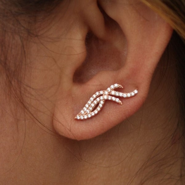 Flying Autumn Leaves Ear Climbers, 14K Gold and 925 Solid Silver With High Quality Gems/Pair