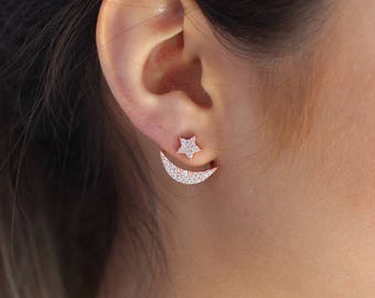 Moon and Star Ear Jackets / Pair