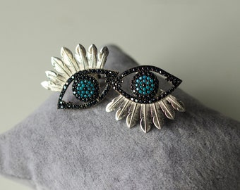 Evil Eye With Feathers Earrings / Statement Earrings / Sterling Silver