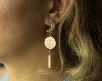 Moon with Pearl Dangle  Earrings / Sterling Silver