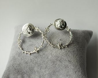 Coin with sprig Ear Jackets / Sterling Silver Earrings