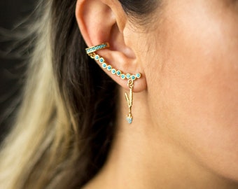 Ear Climber - Dangle Cuff Earring with Turquoise gems / Single Side