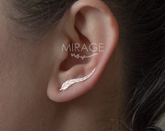 Sterling Silver Leaf Ear Climber Earrings Boho Ear Cuffs