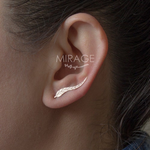 Sterling Silver Leaf Ear Cuffs Earrings / Ear Climber Leafs , Boho Earrings /Pair