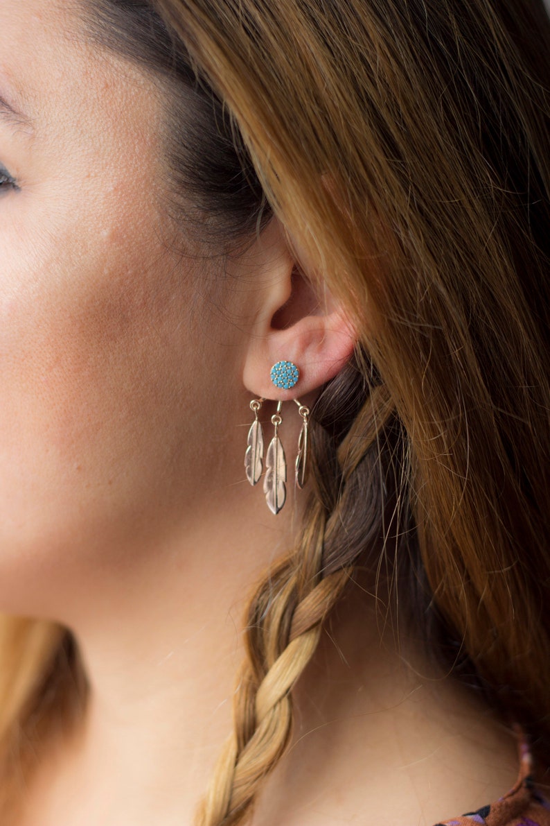 Gold Dream Catcher Dangle Earrings – Turquoise Bead Center, Feather Design, Lightweight