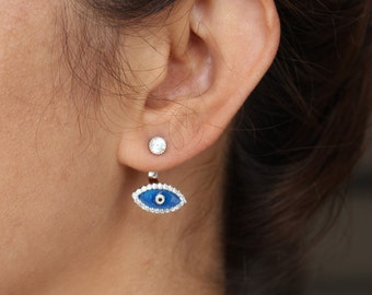 Mood Jewelry / Evil Eye Ear Jacket Earrings - Ear Jacket, Sterling Silver Earrings/Pair