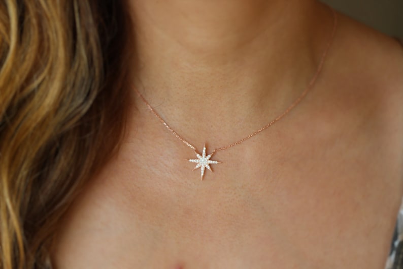 North Star Necklace / Polaris Necklace, Sterling Silver Star Necklace, Gift Ideas / Mom Gift 14K Solid Rose Gold