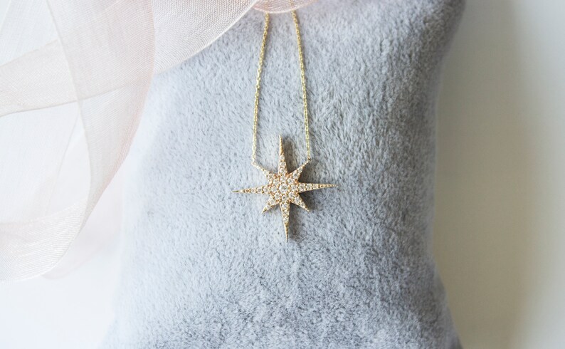 North Star Necklace / Polaris Necklace, Sterling Silver Star Necklace, Gift Ideas / Mom Gift 14K Solid YellowGold