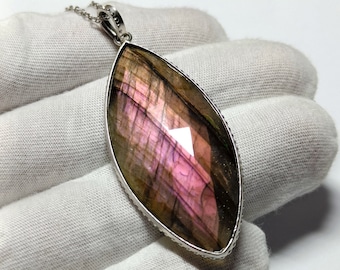 Purple Labradorite Sterling Silver Pendant Necklace: Marquise Rose Cut Gemstone