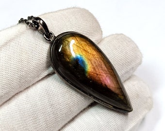 Natural Purple Labradorite Pendant, 92.5 Sterling Silver Chain Necklace, Teardrop Cabochon Gemstone Pendant, Handmade Necklace, WomenPendant