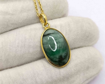 Natural Emerald Pendant- 92.5 Sterling Silver Chain Pendant - 14X22 MM Cabochon Gemstone Necklace - green Stone Pendant- Women Pendant.