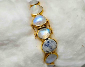 Rainbow Moonstone Bangle: Rose Cut Gold Plated Sterling Silver