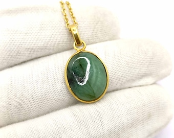 Natural Emerald Pendant- 92.5 Sterling Silver Chain Pendant - 13X16 MM Cabochon Gemstone Necklace - green Stone Pendant- Women Pendant.