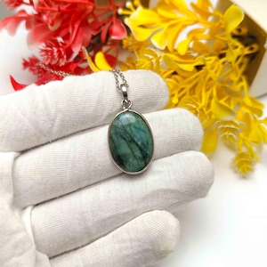 Green Stone Pendant, 92.5 Sterling  Solid Silver Chain Necklace, Genuine Emerald Pendant Necklace, Cabochon Gemstone Pendant For Love.