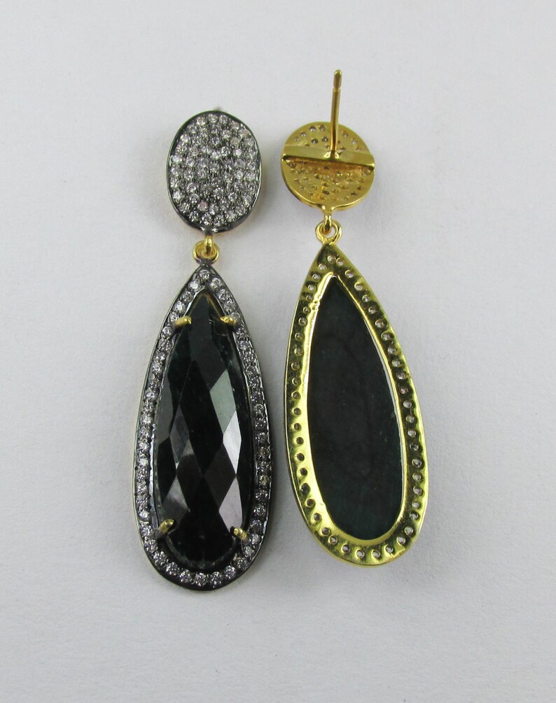 Dark Green Corundum 18k gold vermeil cz earring Handmade