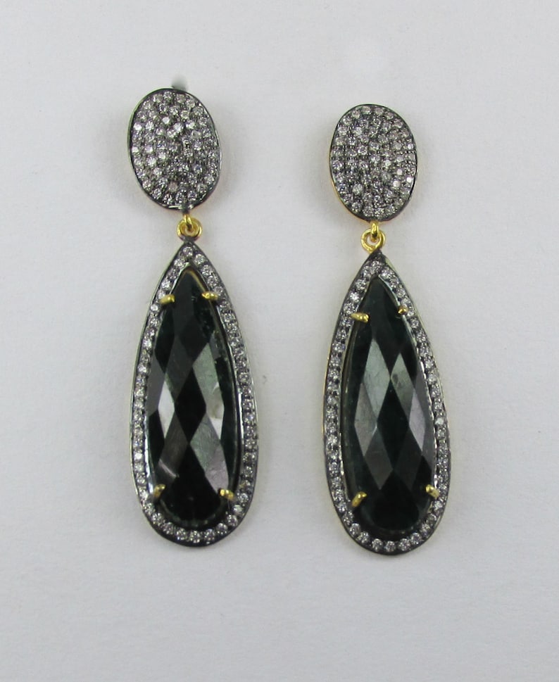 Dark Green Corundum 18k gold vermeil cz earring Handmade