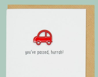 You've passed. Hurrah! - Teddy Perkins hand enamelled card. Driving test congratulations.
