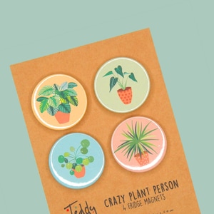 Plantas de interior. 4 imanes de nevera extra fuertes, Crazy Plant Person - Imanes hechos a mano de Teddy Perkins.
