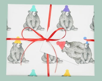 Bear in a woolly hat - Gift wrap, wrapping paper and gift tags.